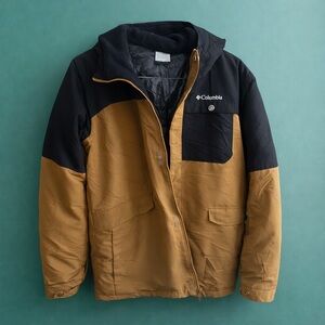 Columbia Boy’s XL Insulated Hooded Winter Jacket Tan Black Fleece Lined